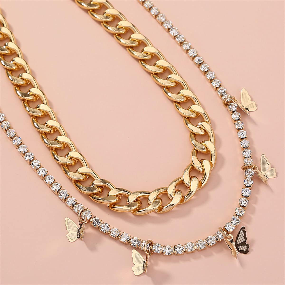 Cubic Zirconia & Goldtone Butterfly Station Necklace Set