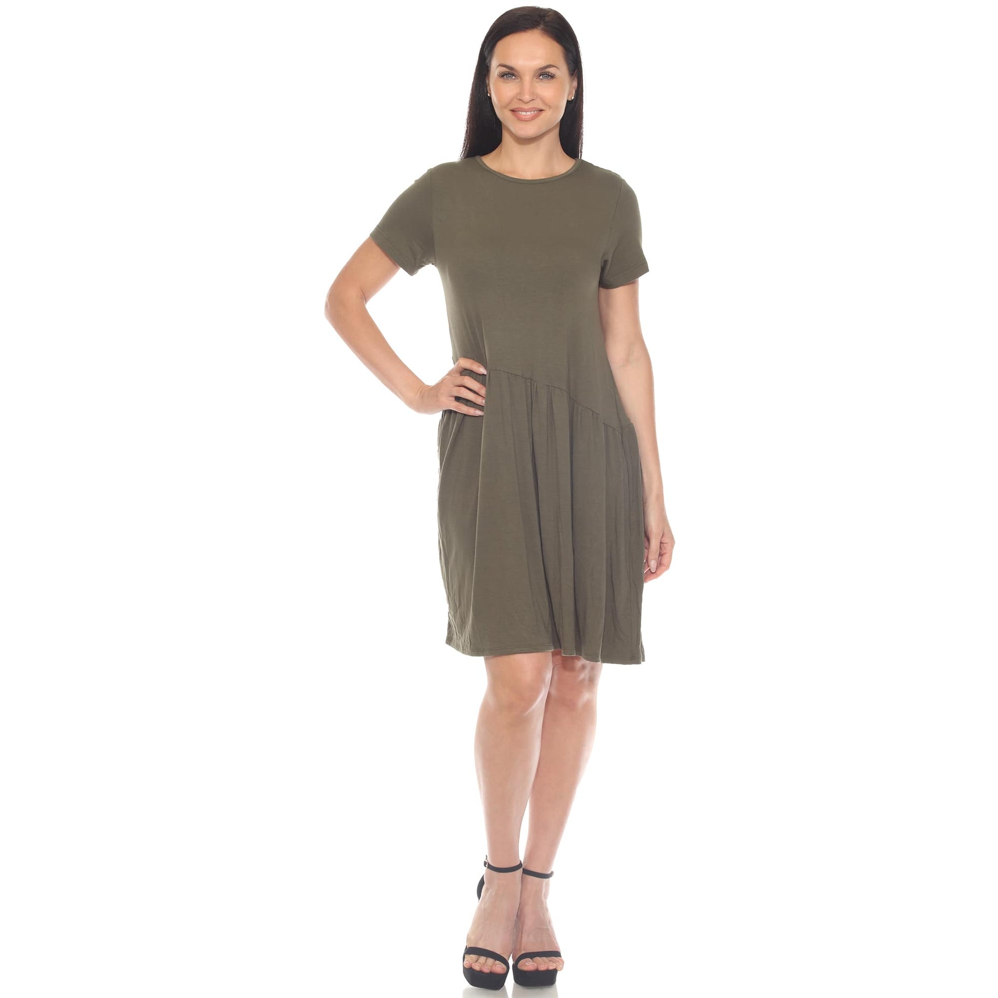 White Mark Women's Asymmetrical Waist and Short Sleeve Swing Dress - Olive White Mark Women's Asymmetrical Waist and Short Sleeve Swing Dress - Olive