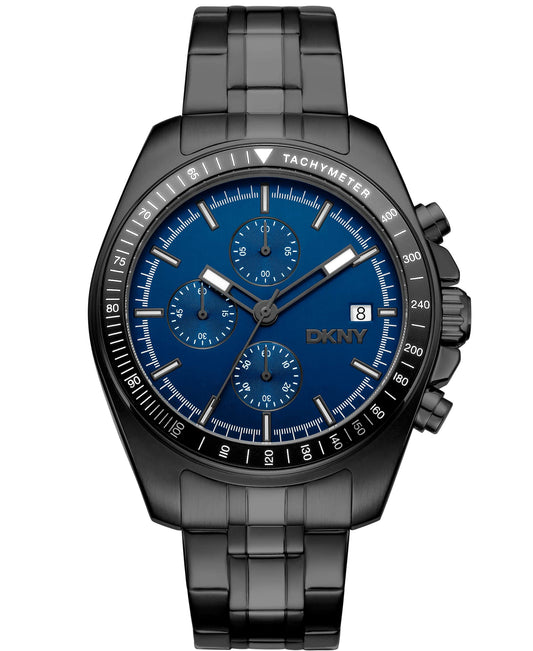 Dkny Men Watch, Black Color Case, Dark Blue Dial, Black Color Metal Bracelet, Chronograph, 10 Atm