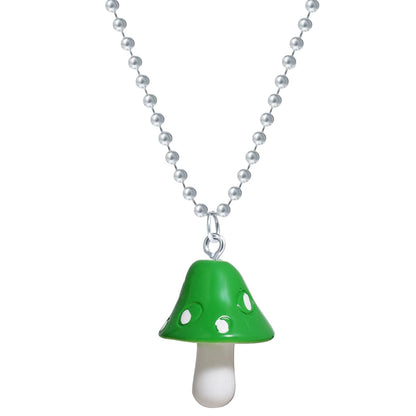 Green Resin & Silvertone Ball Chain Mushroom Pendant Necklace