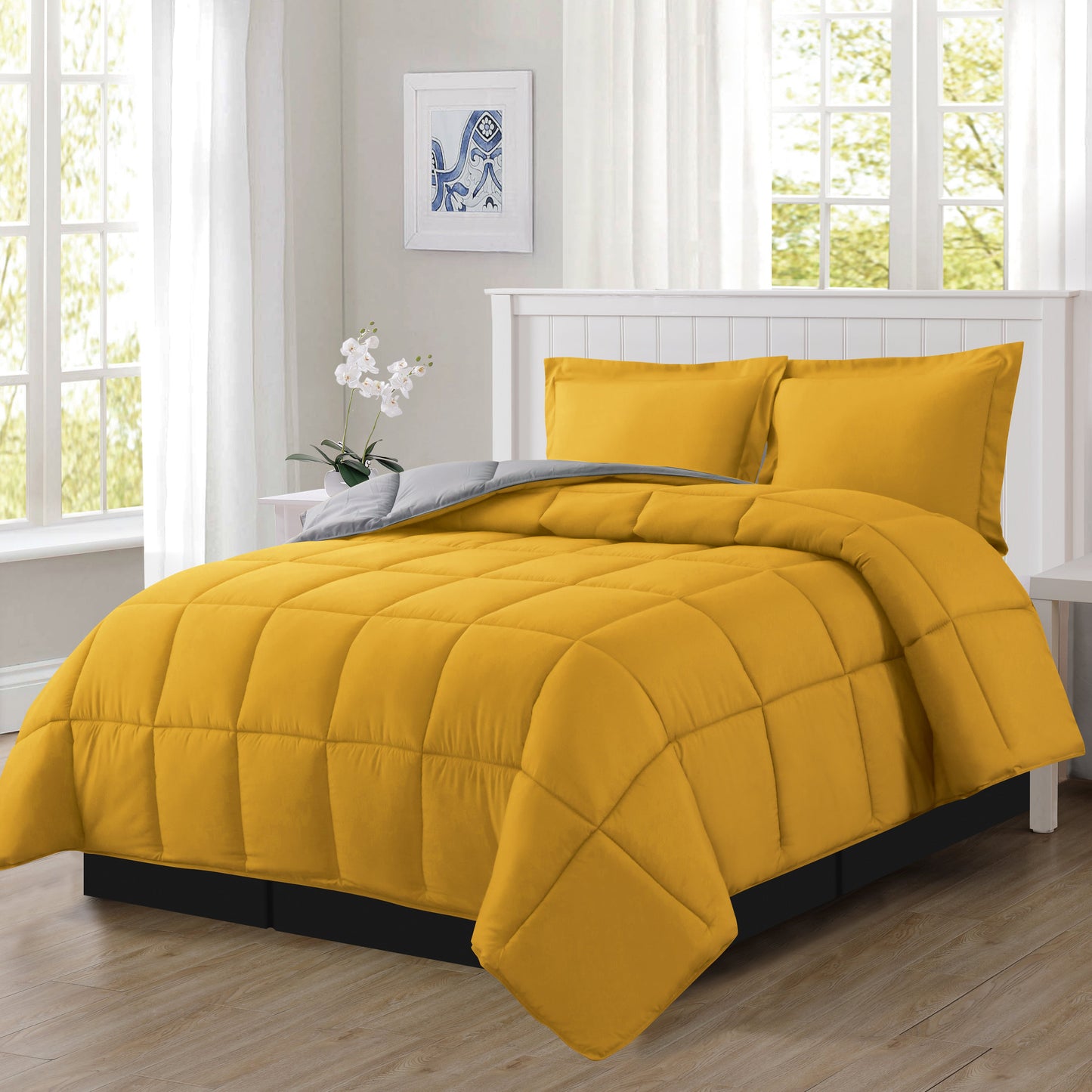 Elegant Comfort Reversible 3-Piece Box Stitched Comforter & Shams - Duvet Insert with 4 Corner Tabs