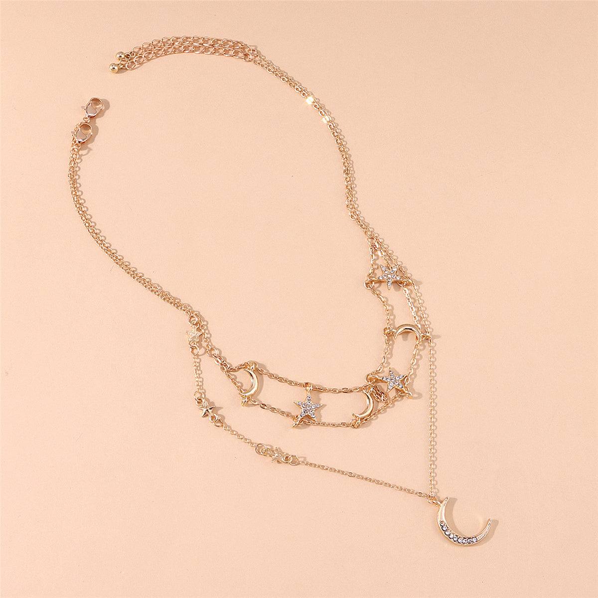 Cubic Zirconia & Goldtone Star Moon Layered Pendant Necklace