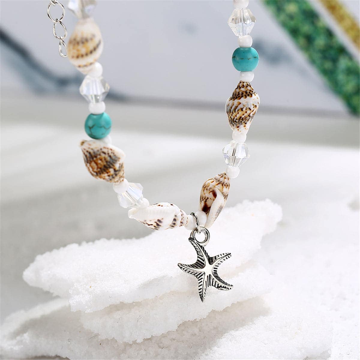Blue & Silvertone Shell & Starfish Charm Anklet