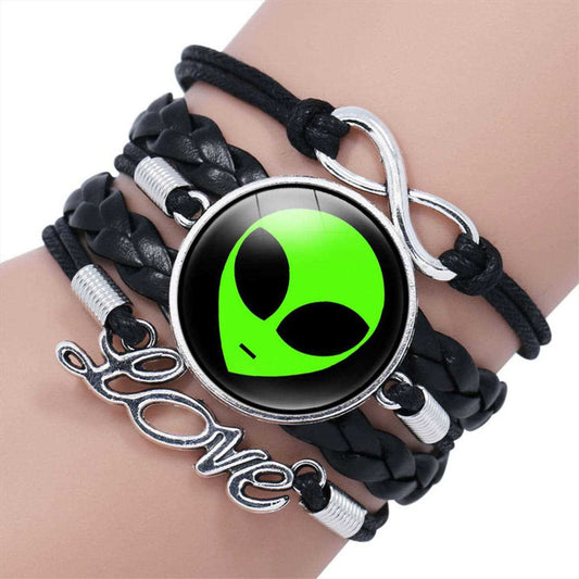 Black Polystyrene & Silvertone Green Alien 'Love' Braided Layered Bracelet