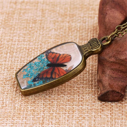 Red Gypsophila & Goldtone Blue Butterfly Vase Pendant Necklace