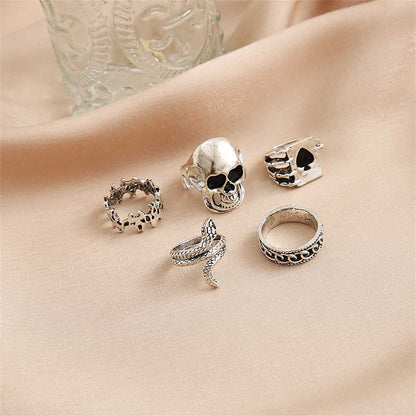 Silvertone Oxidized Skull Ring Set