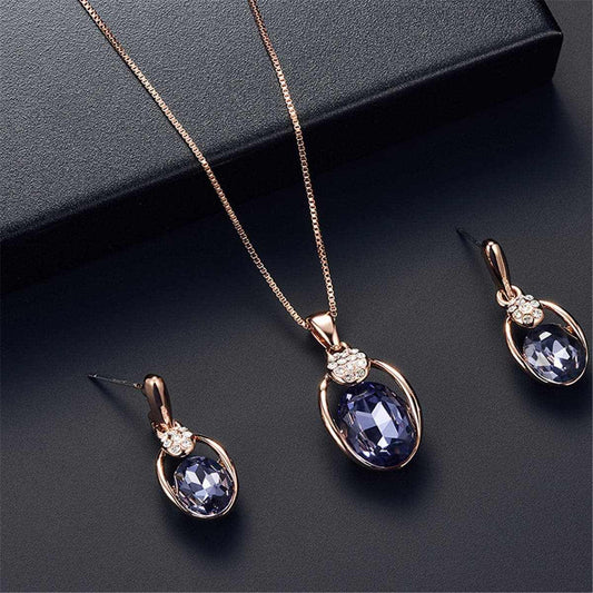 Purple & Rose Goldtone Oval Pendant Necklace & Drop Earrings