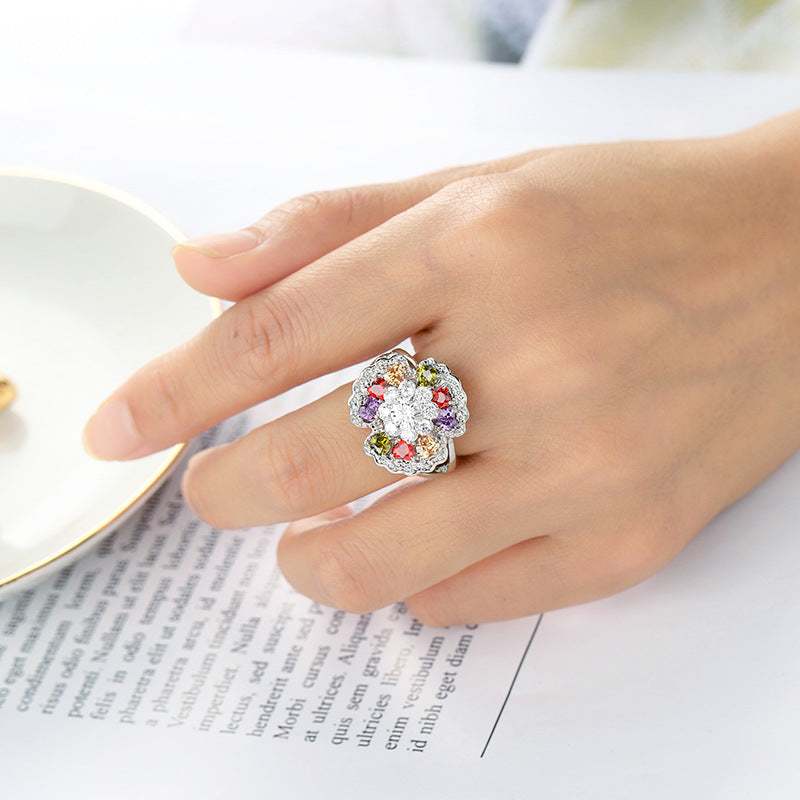 Colorful Cubic Zirconia Ornate Floral Ring-1