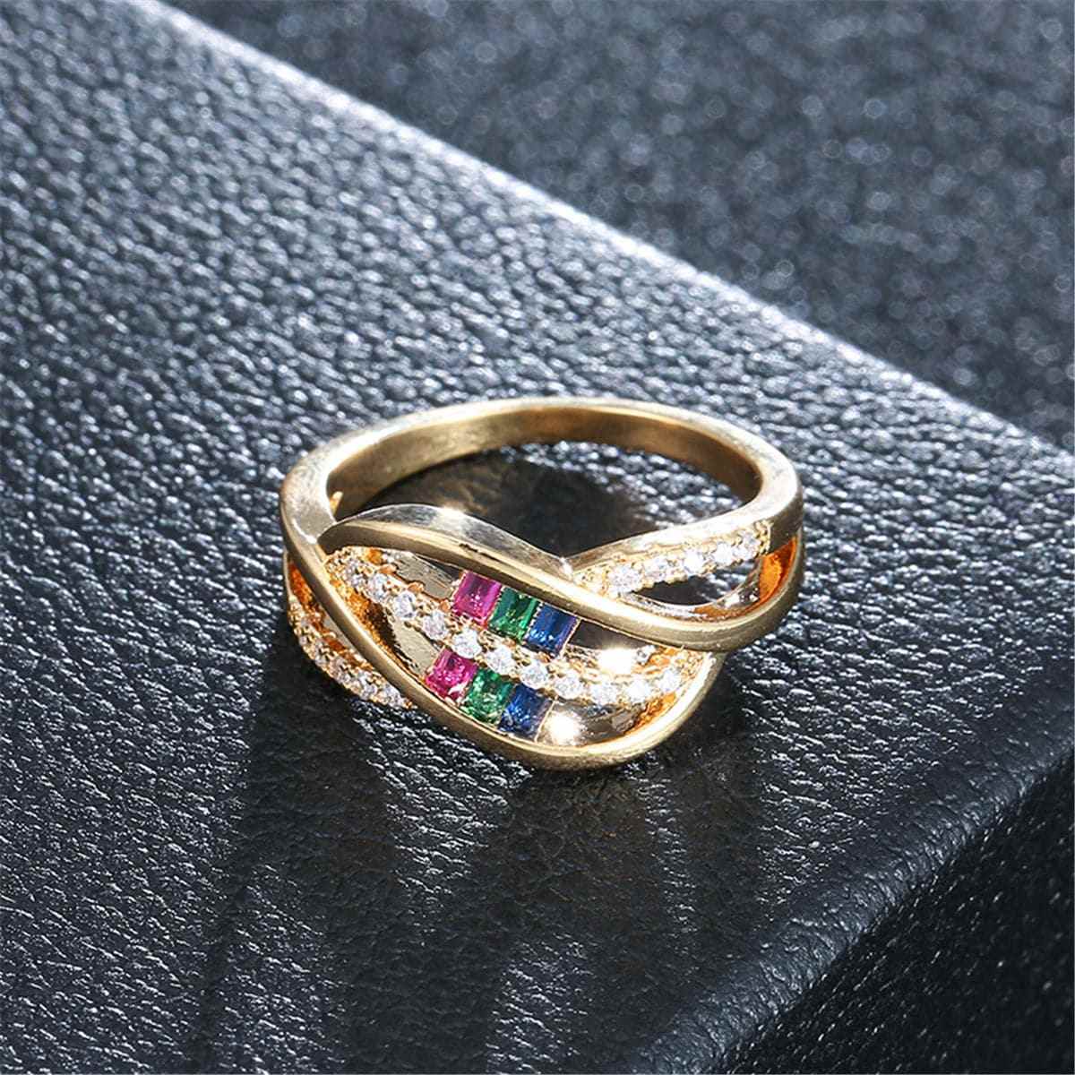 Rainbow Crystal & Cubic Zirconia Leaf Ring-4