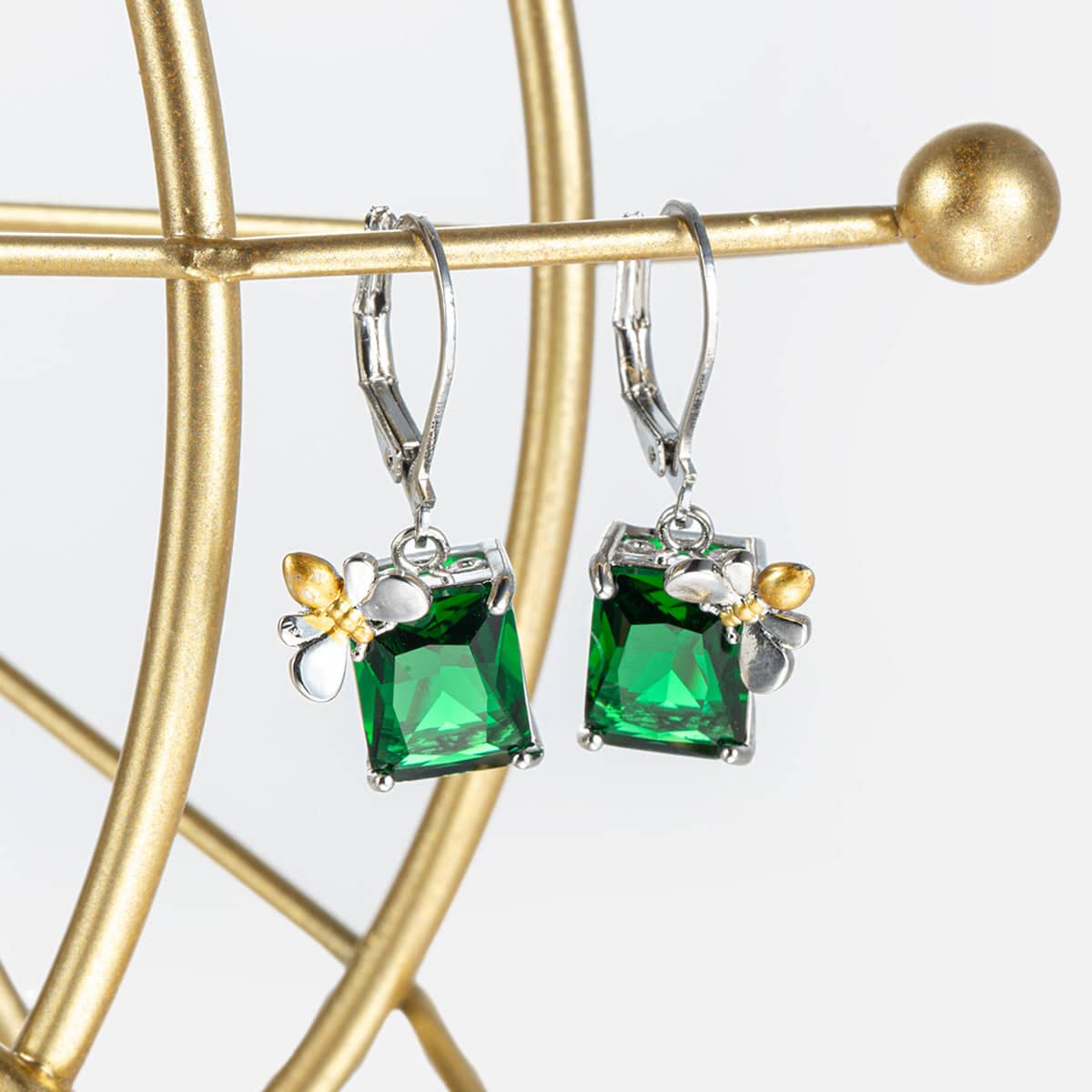 Green Crystal & Two Tone Sqaure Bee Huggie Earrings