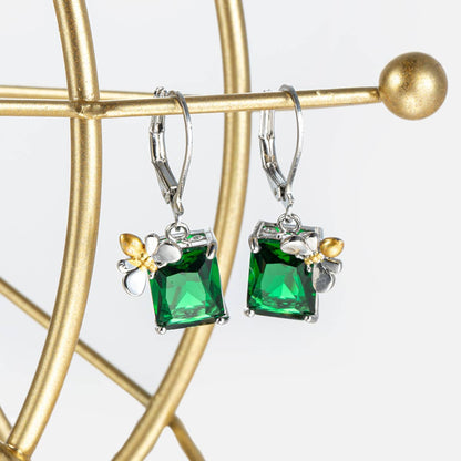 Green Crystal & Two Tone Sqaure Bee Huggie Earrings