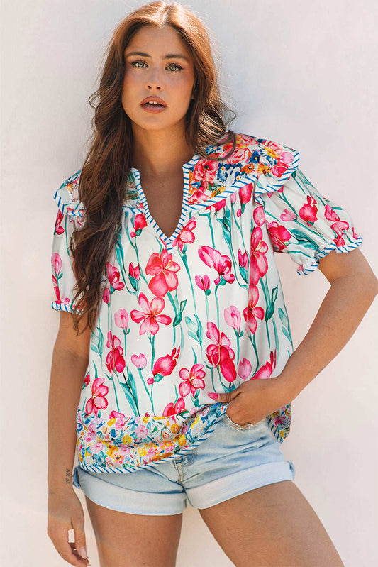 Threaded Pear Greta Floral Split Neck Short Sleeve Blouse