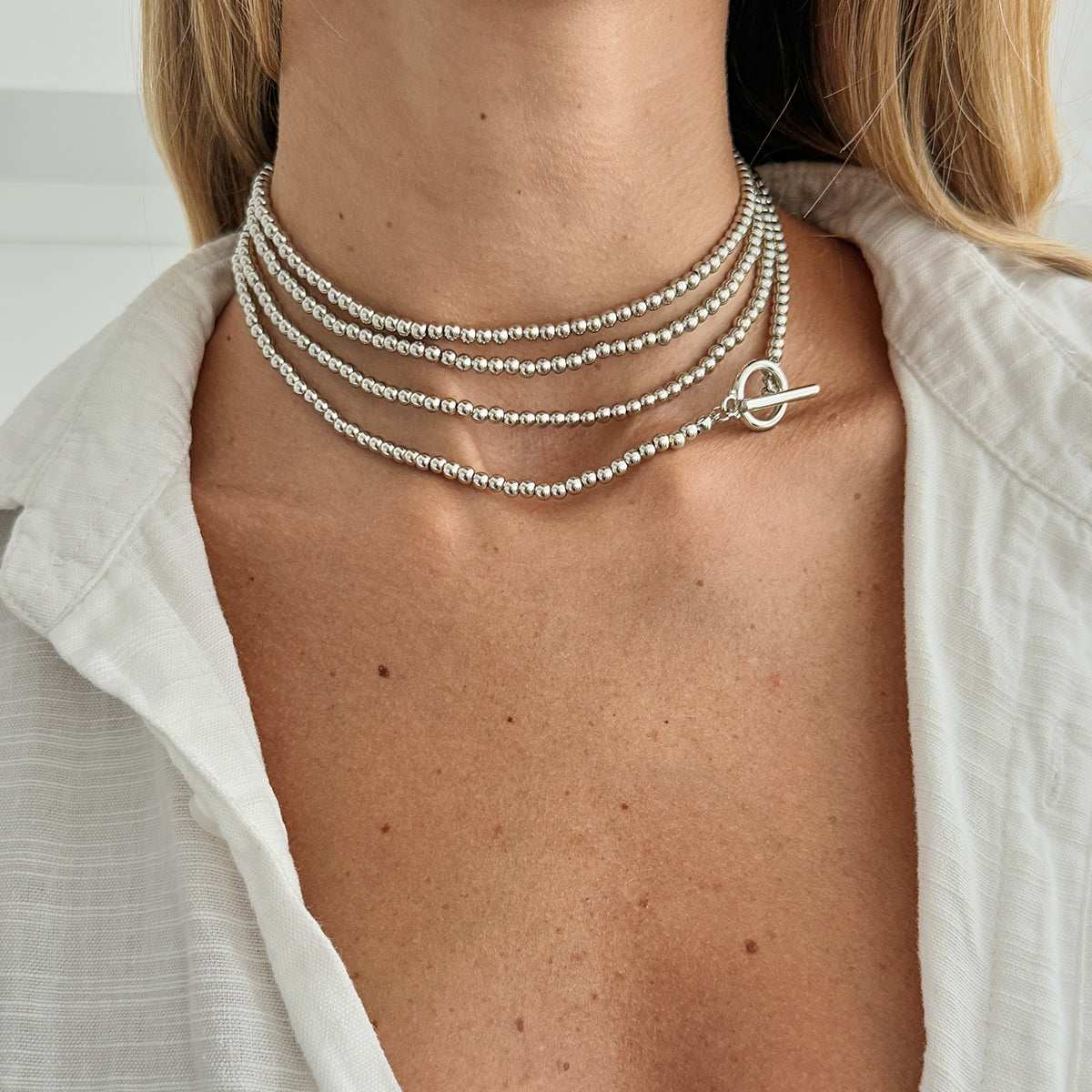 Silvertone Bead Chain Toggle Necklace
