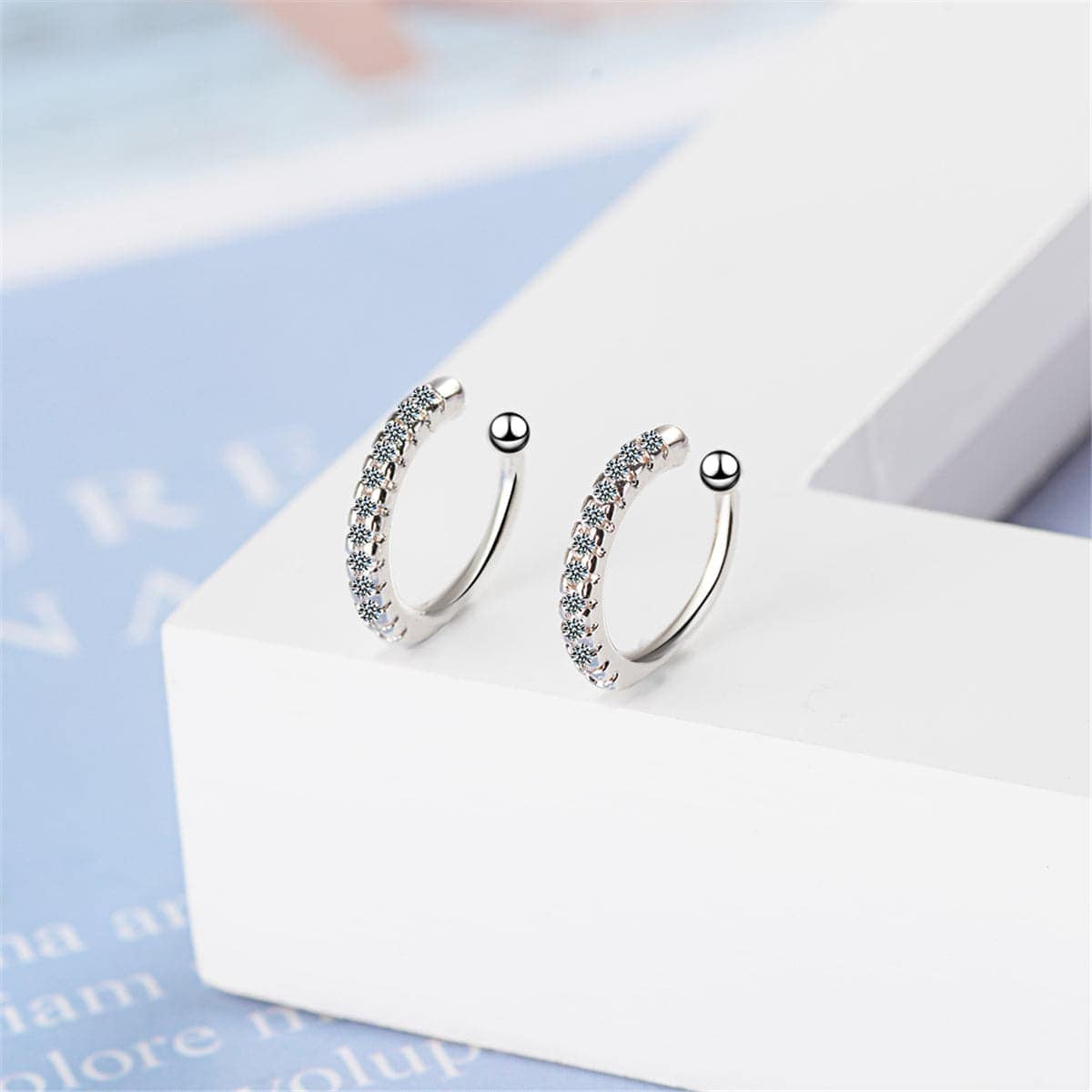 Cubic Zirconia & Silvertone Hoop Stud Ear Cuffs