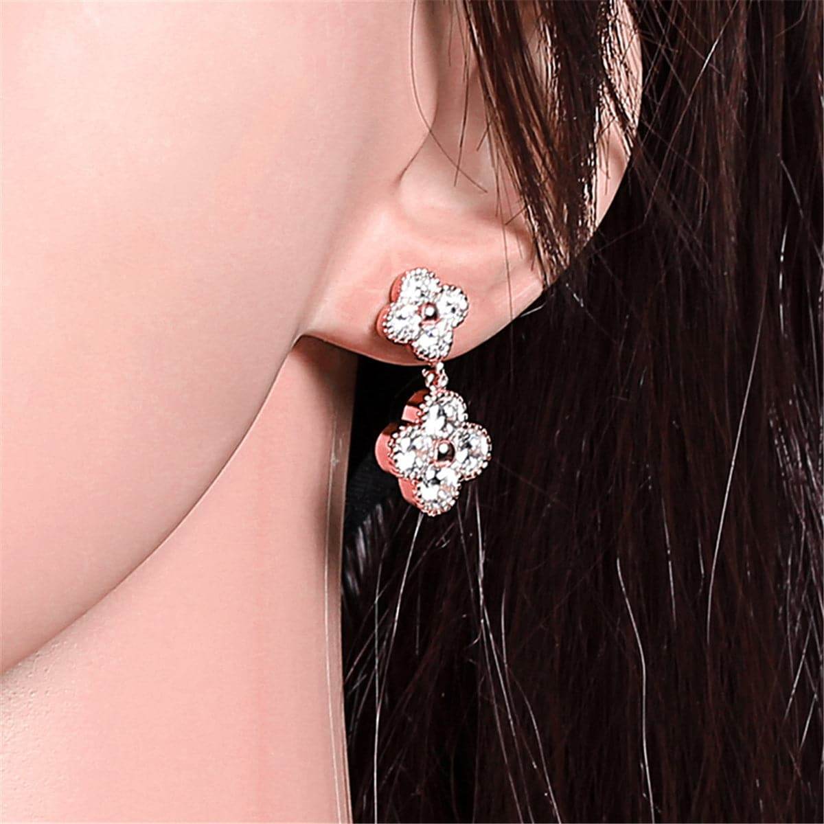 White Crystal & Rose Goldtone Double Clover Drop Earrings