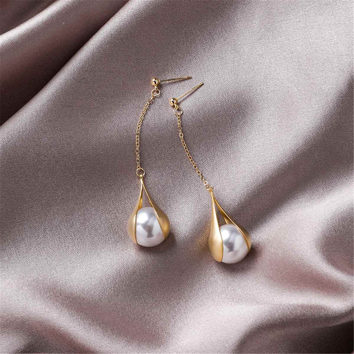 Pearl & Goldtone Bezel Drop Earrings