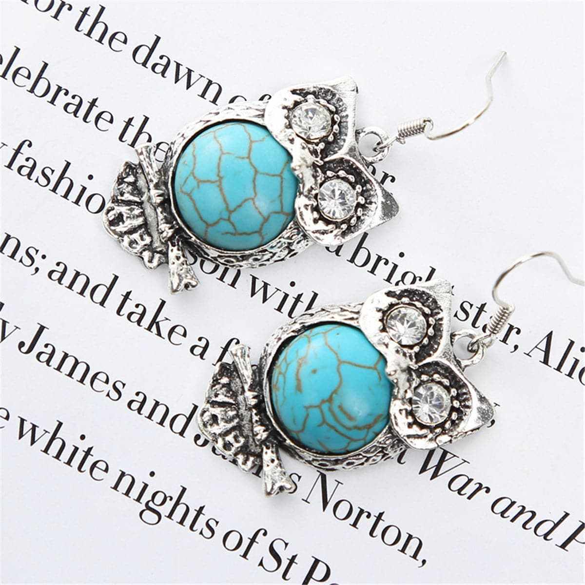 Cubic Zirconia & Turquoise Owl Drop Earrings