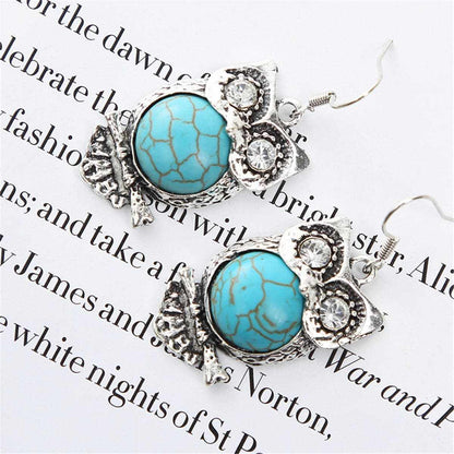 Cubic Zirconia & Turquoise Owl Drop Earrings