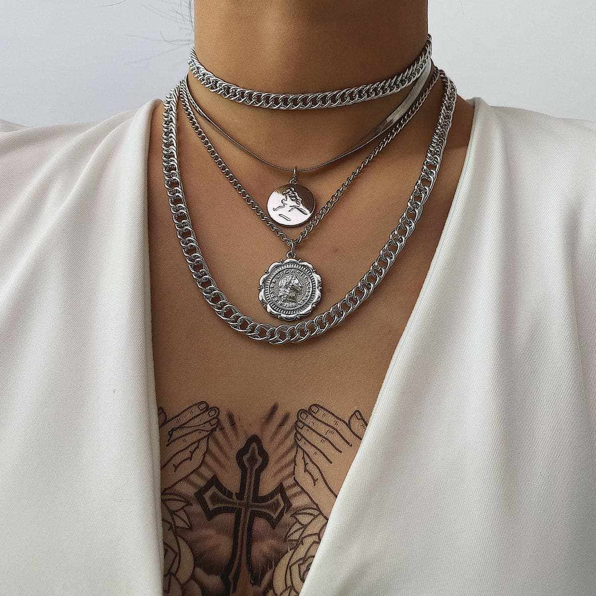 Silvertone Coin Layered Pendant Necklace Set