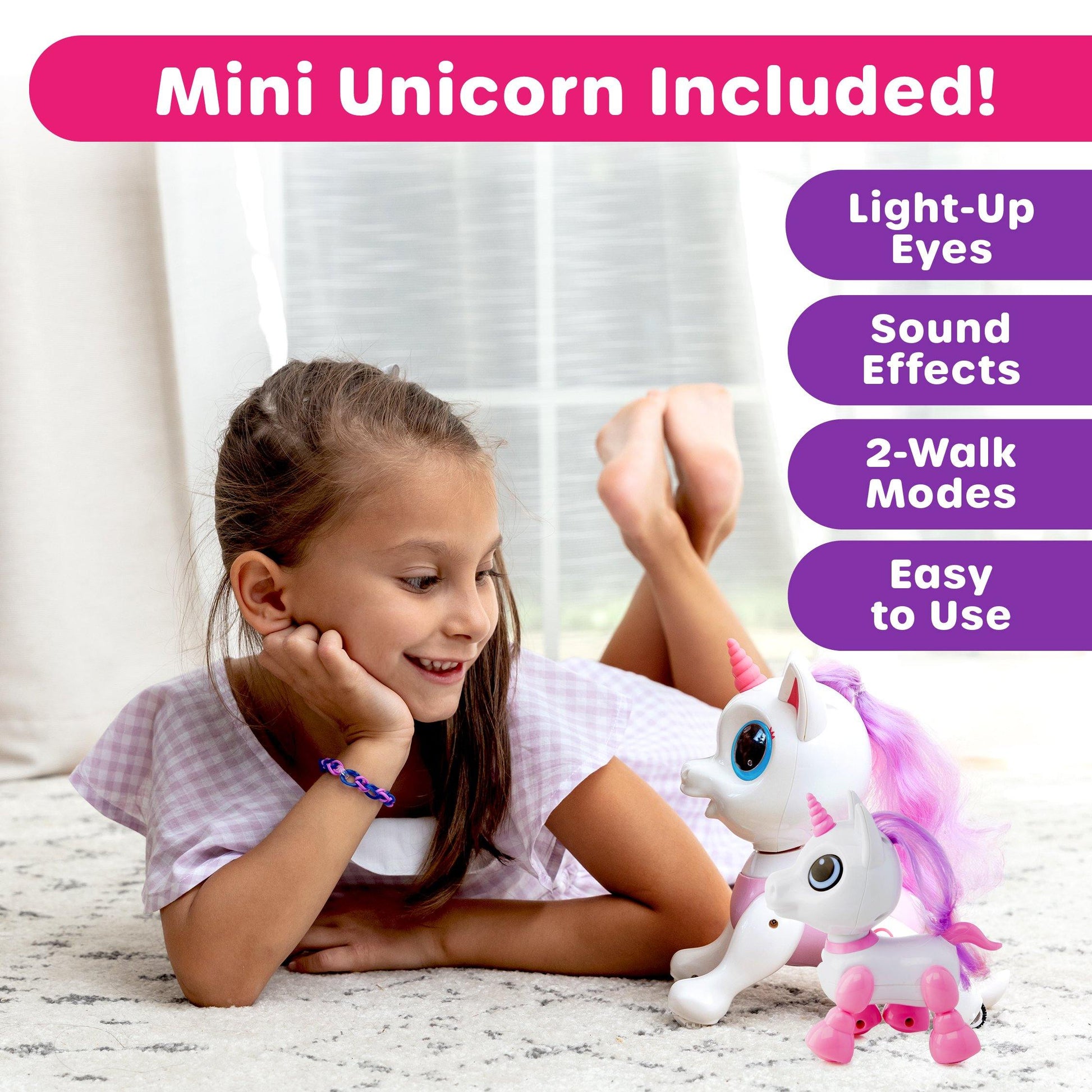 Pink/White robot unicorn, white remote, and , pink and black food-