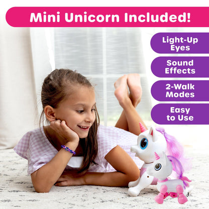 Pink/White robot unicorn, white remote, and , pink and black food-