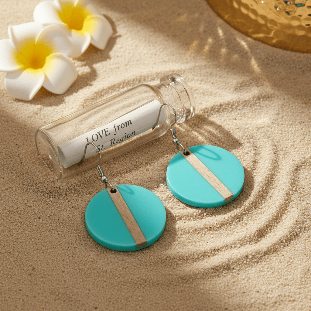 Light Blue Resin & Wood Silvertone Round Hook Earrings