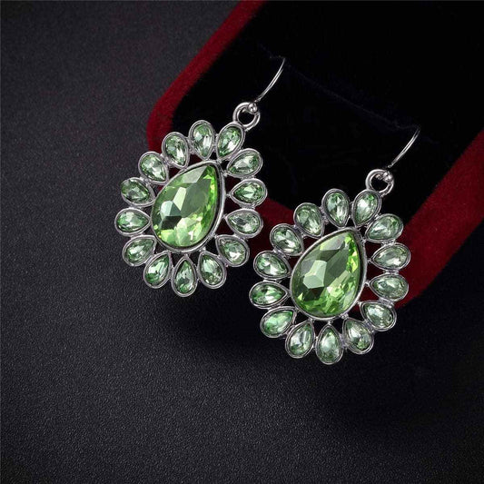 Green Crystal & Silvertone Peacock Drop Earrings