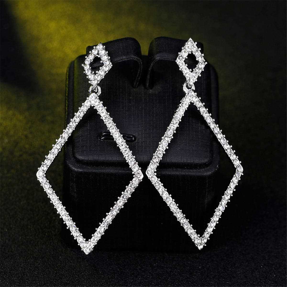Cubic Zirconia & Silvertone Rhombus Open Drop Earrings