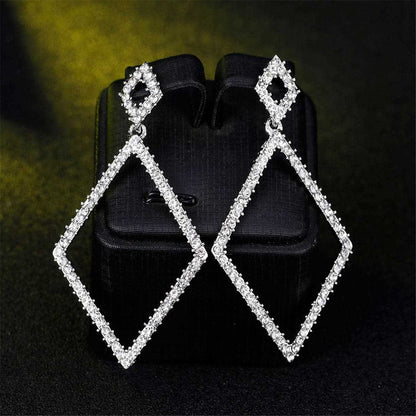 Cubic Zirconia & Silvertone Rhombus Open Drop Earrings