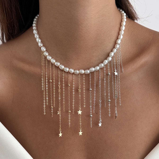 Pearl & Two Tone Star Tassel Collar Necklace