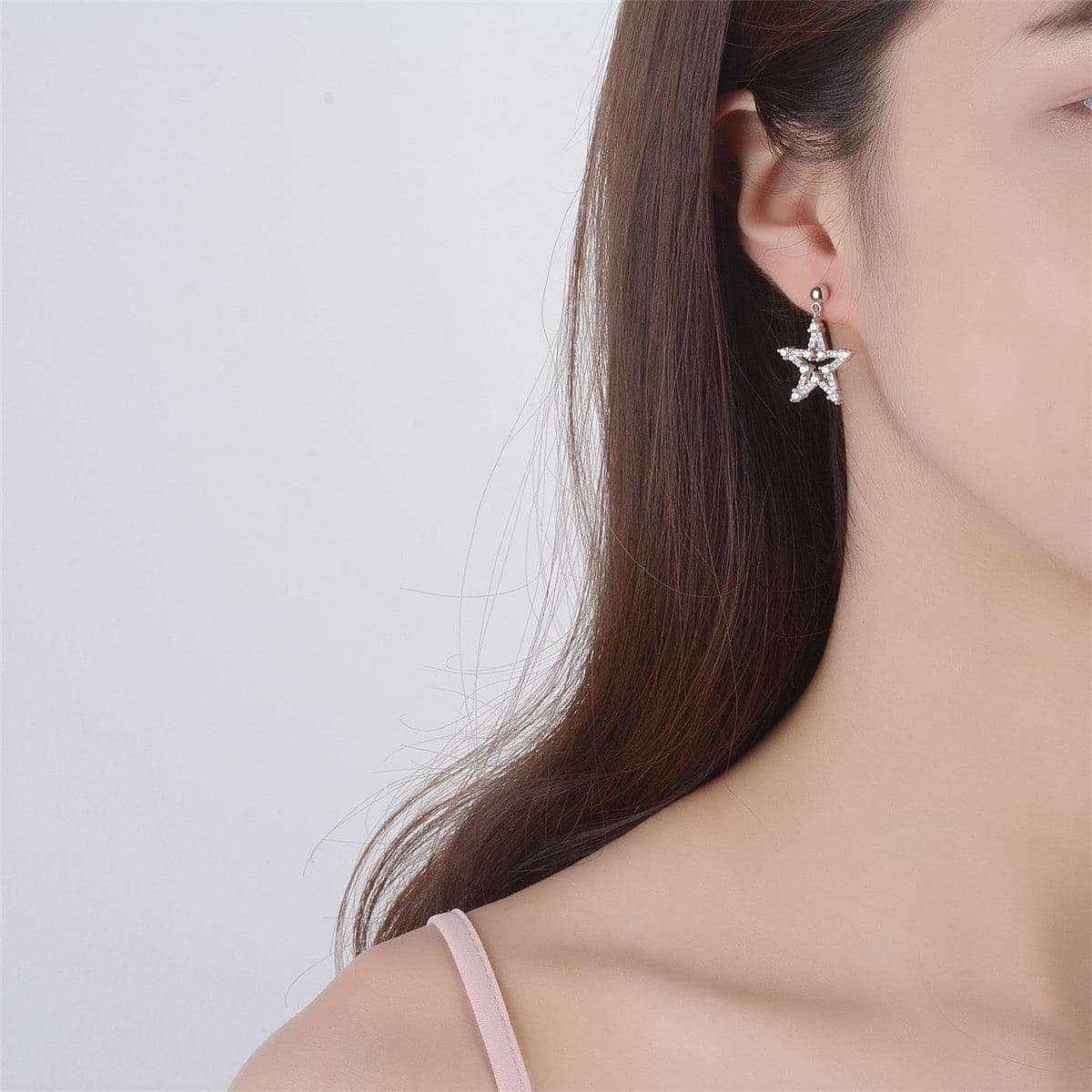 Cubic Zirconia & Silvertone Star Openwork Drop Earrings