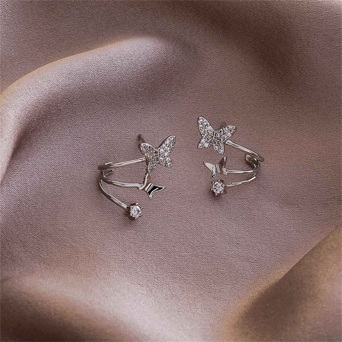 Cubic Zirconia & Silvertone Butterfly Stud Earrings
