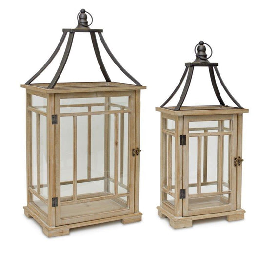 Melrose International Natural Wood Lantern with Open Metal Lid (Set of 2)
