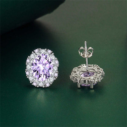 Cubic Zirconia & Purple Crystal Oval Stud Earrings