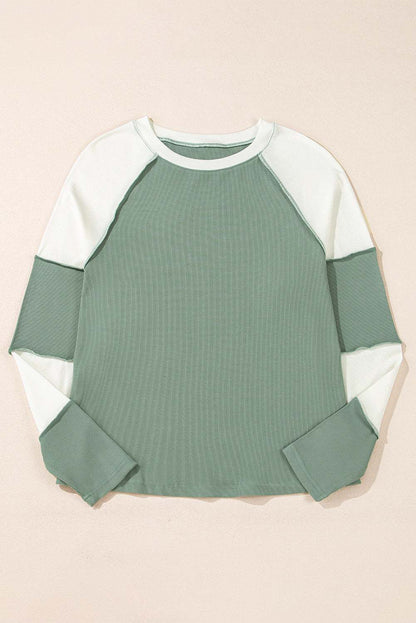 Faye Colorblock Patchwork Raglan Long Sleeve Top - Mint Green / L - 12/14