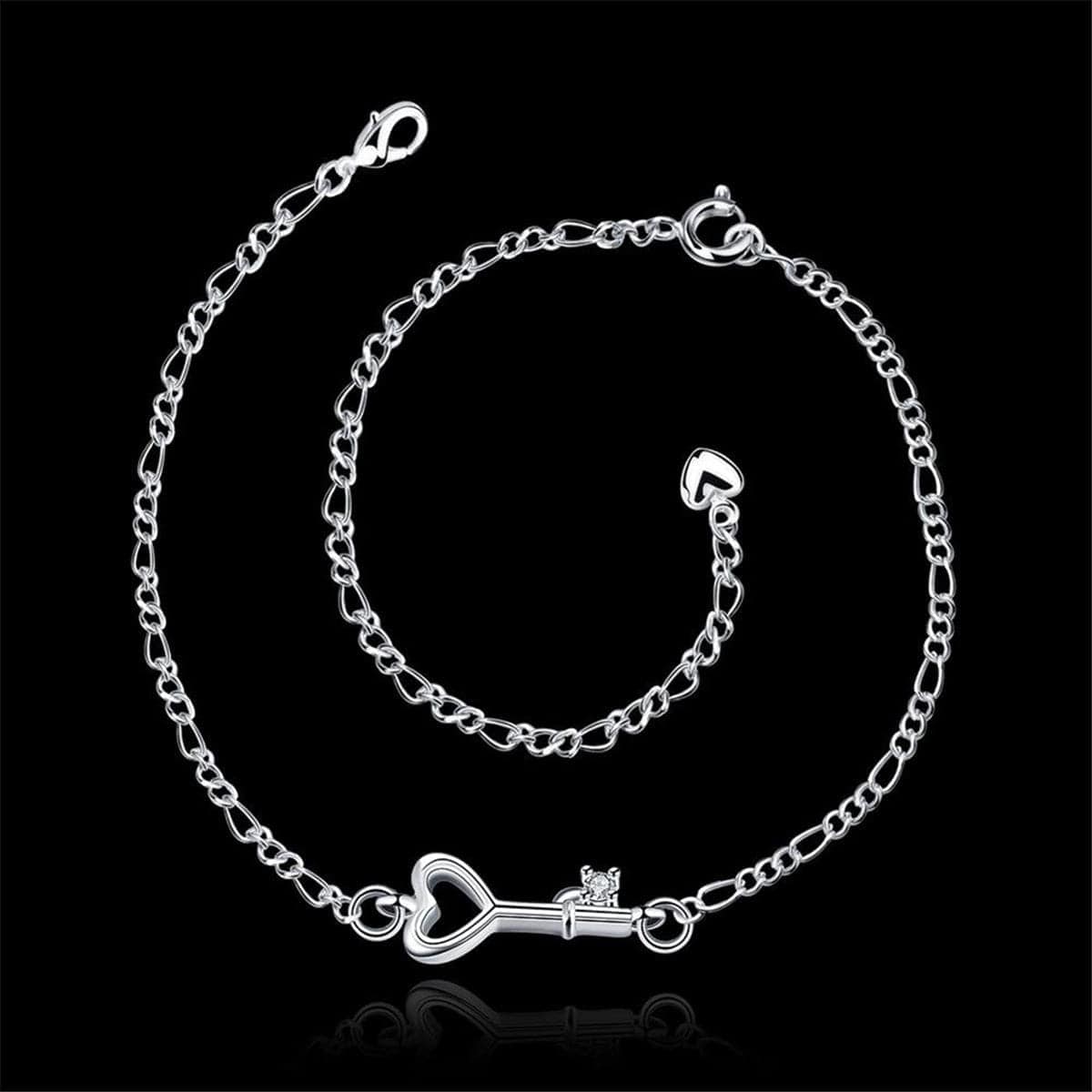 Crystal & Silvertone Heart Key Anklet