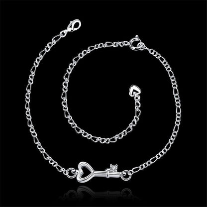 Crystal & Silvertone Heart Key Anklet