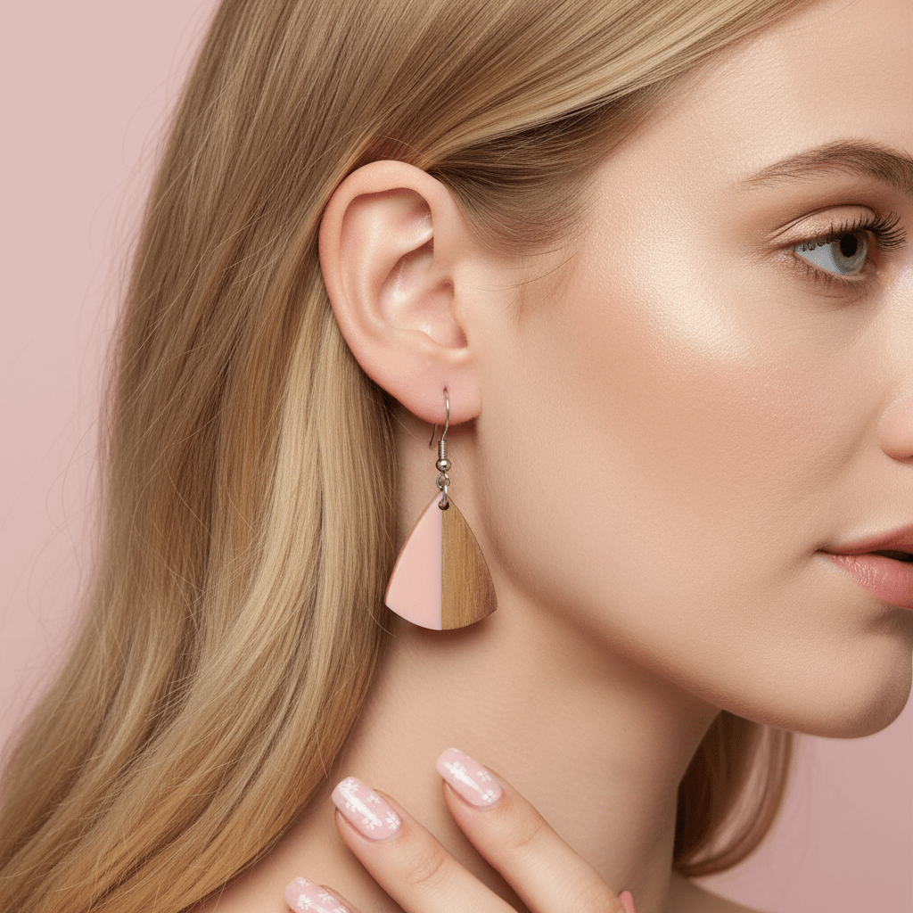 Pink Resin & Wood Silvertone Shield Hook Earrings