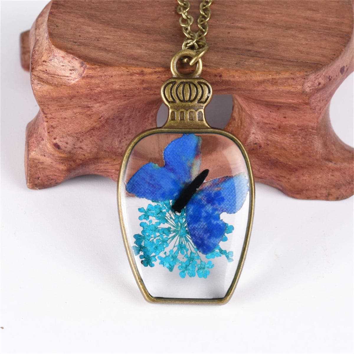 Blue & Goldtone Pressed Gypsophila & Butterfly Vase Pendant Necklace