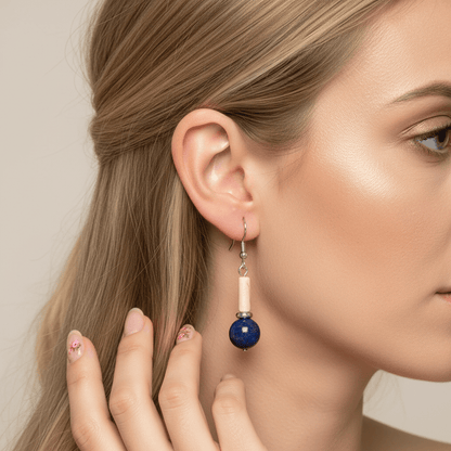 Jade & Lapis Silvertone Cylinder Ball Hook Earrings