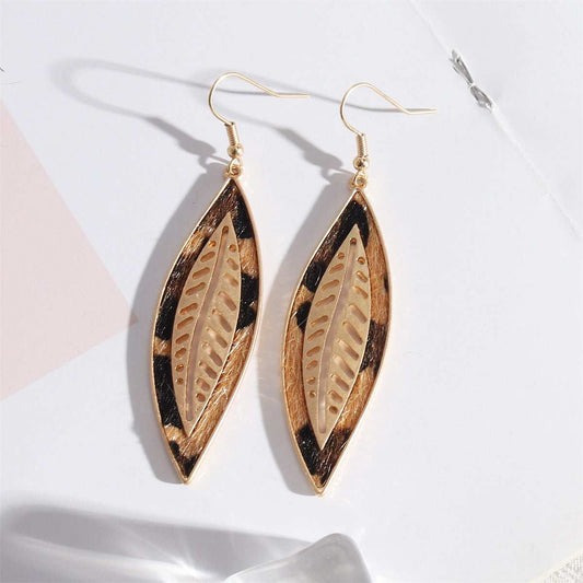 Khaki Polyurethane & Goldtone Leopard Leaf Drop Earrings