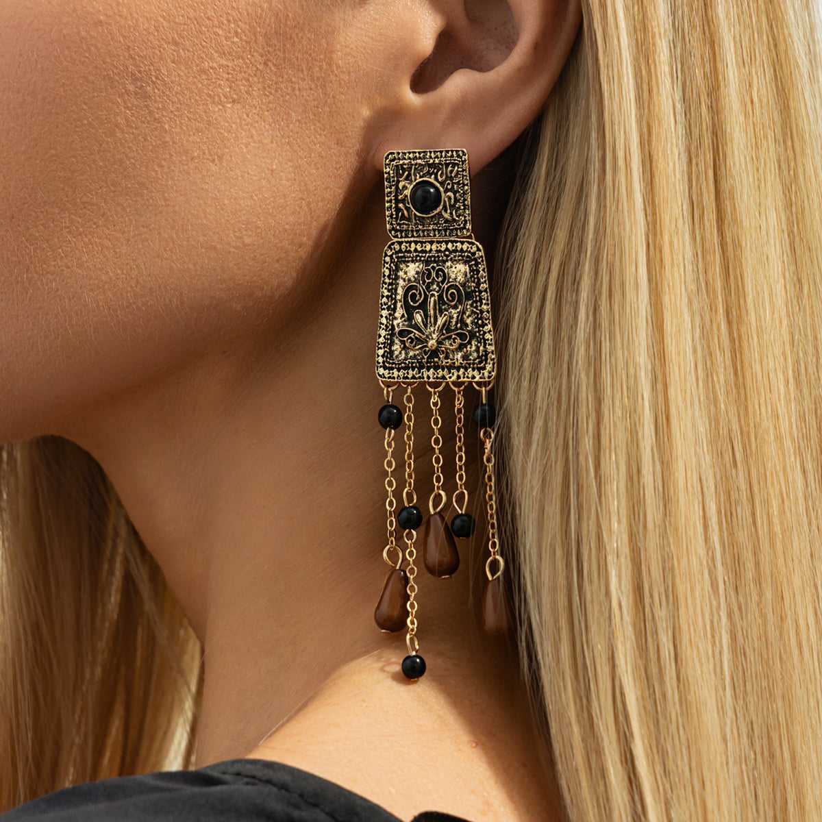 Red Resin & Goldtone Trapezoid Tassel Dangle Earrings