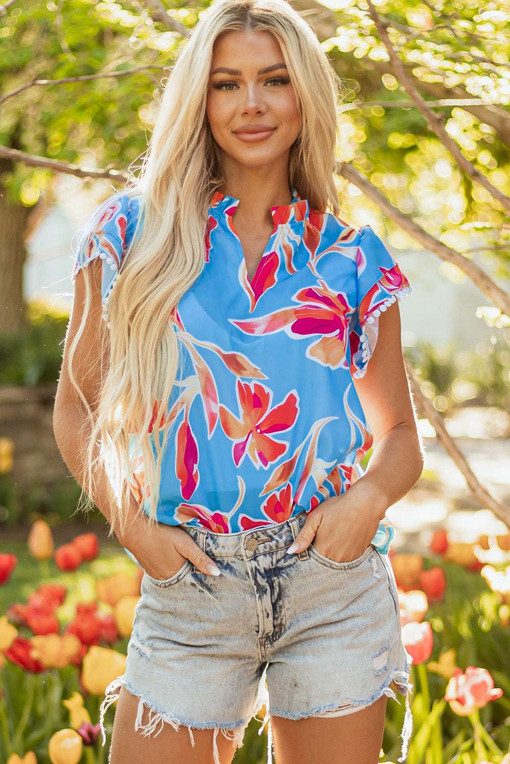 Vada Floral Pompom Trim Flutter Sleeve Blouse - Sky Blue / S - 4/6