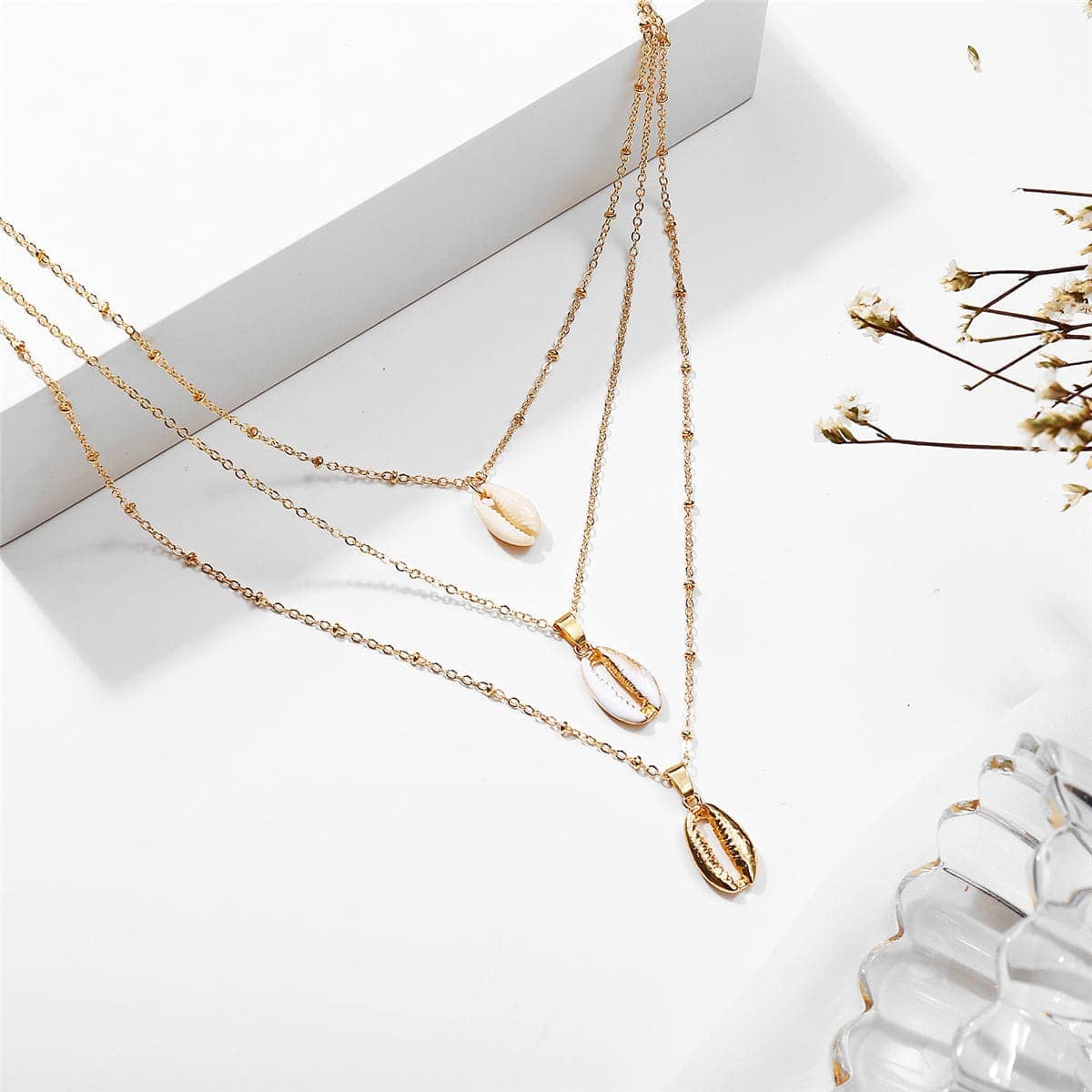 Shell & Enamel Goldtone Triple Layered Pendant Necklace