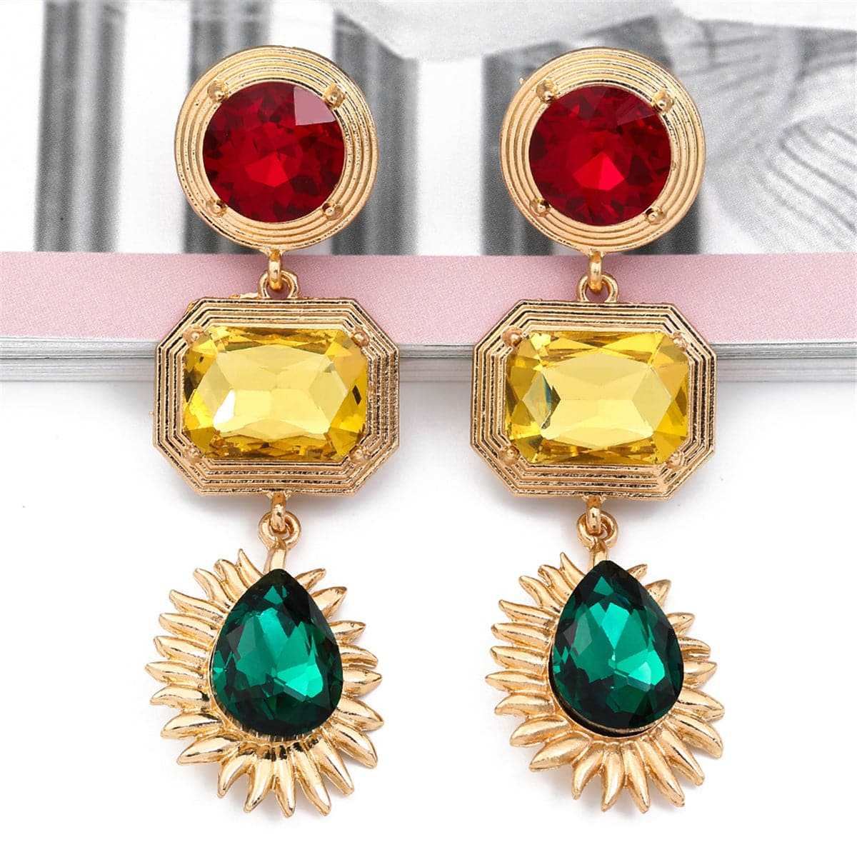 Yellow Crystal & Goldtone Geometric Drop Earrings