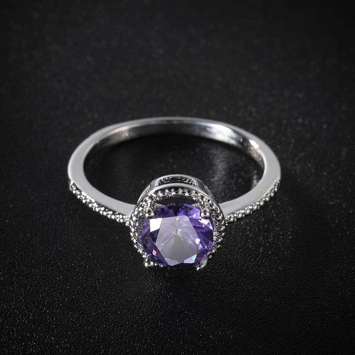 Purple Crystal & Cubic Zirconia Silvertone Halo Ring