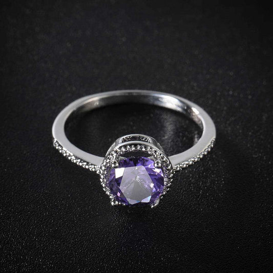 Purple Crystal & Cubic Zirconia Silvertone Halo Ring