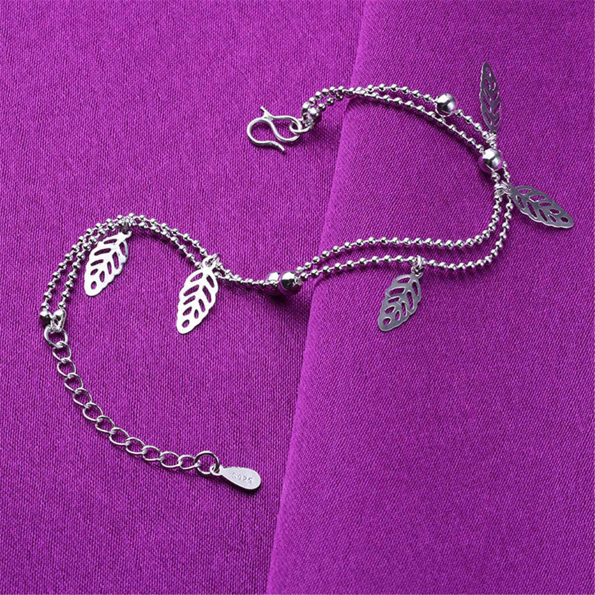 Silvertone Leaves Station Bead Chain Layered Anklet