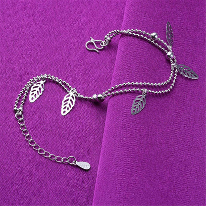 Silvertone Leaves Station Bead Chain Layered Anklet