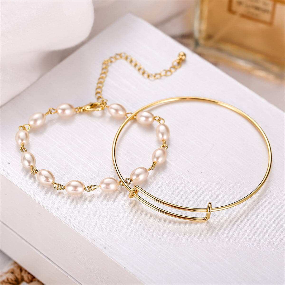 Pearl & Goldtone Adjustable Bangle Set